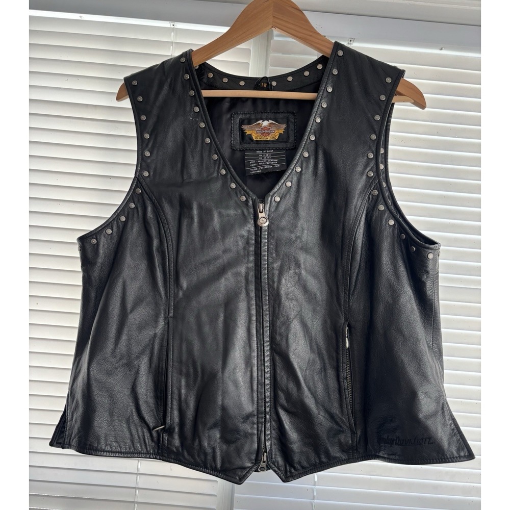 Harley-Davidson Women's 1W Leather Motorcycle Vest Studded Zip Black Biker